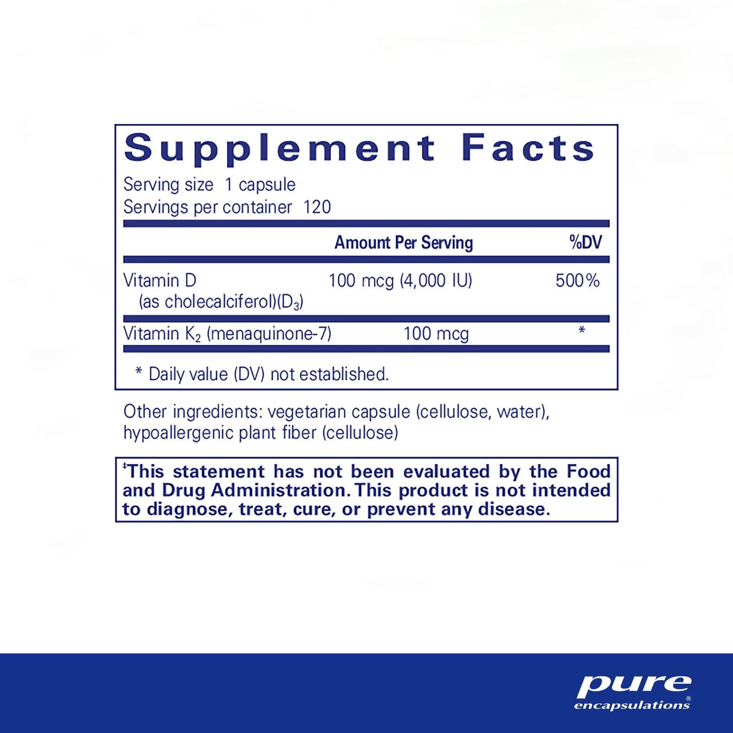 Pure Encapsulations Vitamin D3 + K2 (MK-7) 120-Capsule - Bone & Vascular Support