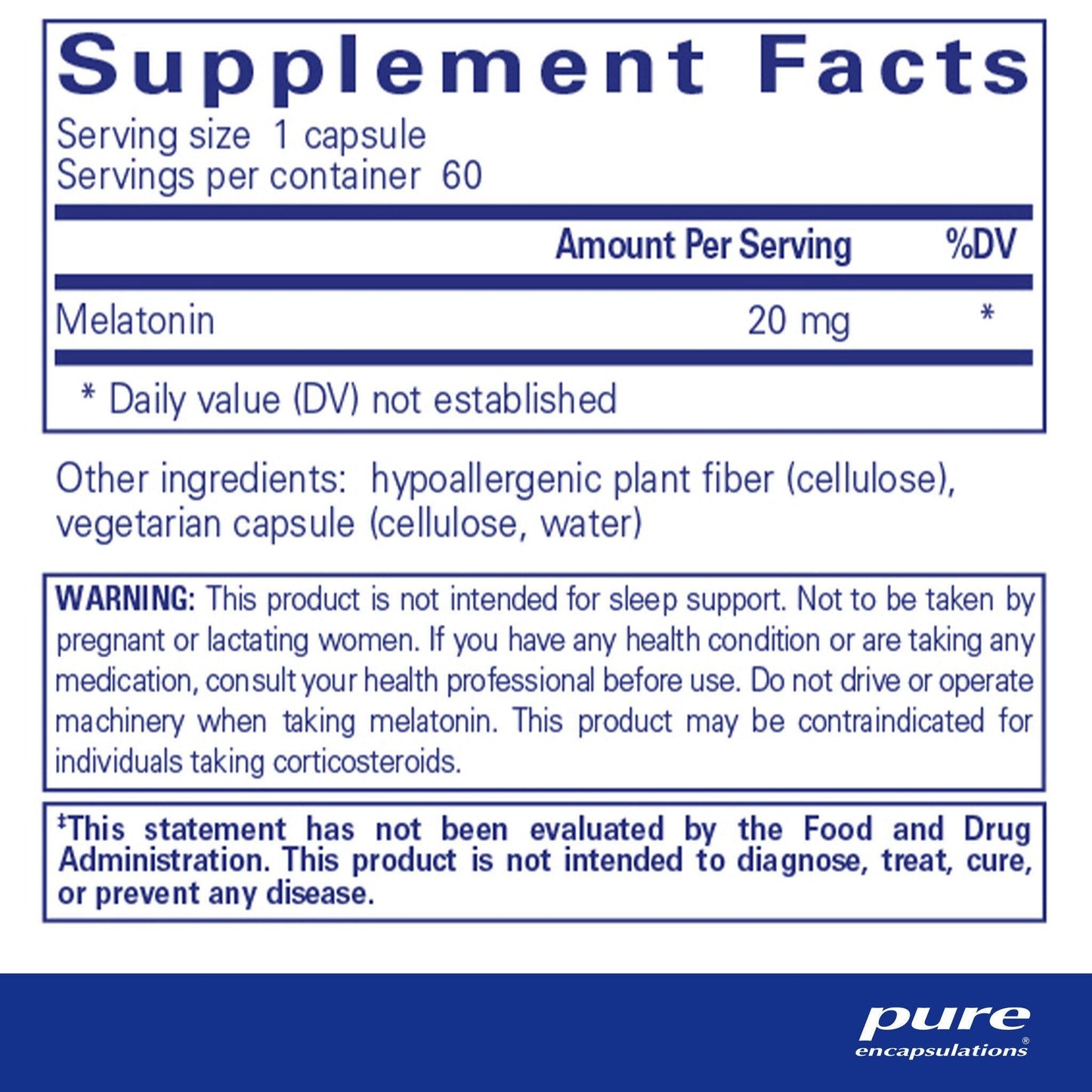 Melatonin 20 mg – 60 Veg Capsules • High-Purity Cellular & Immune Support (Not for Sleep Use)